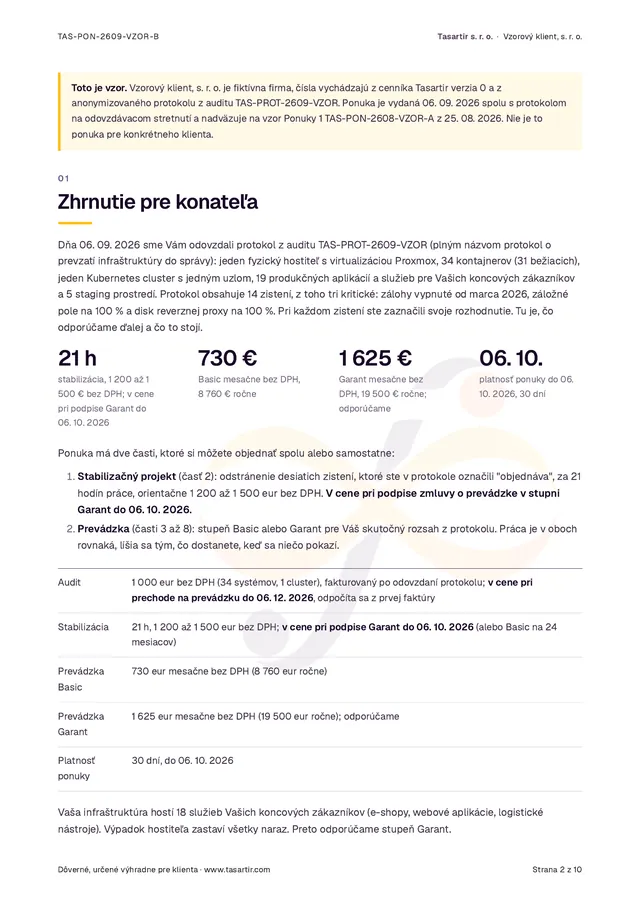 Zhrnutie pre konateľa s cenou a termínmi