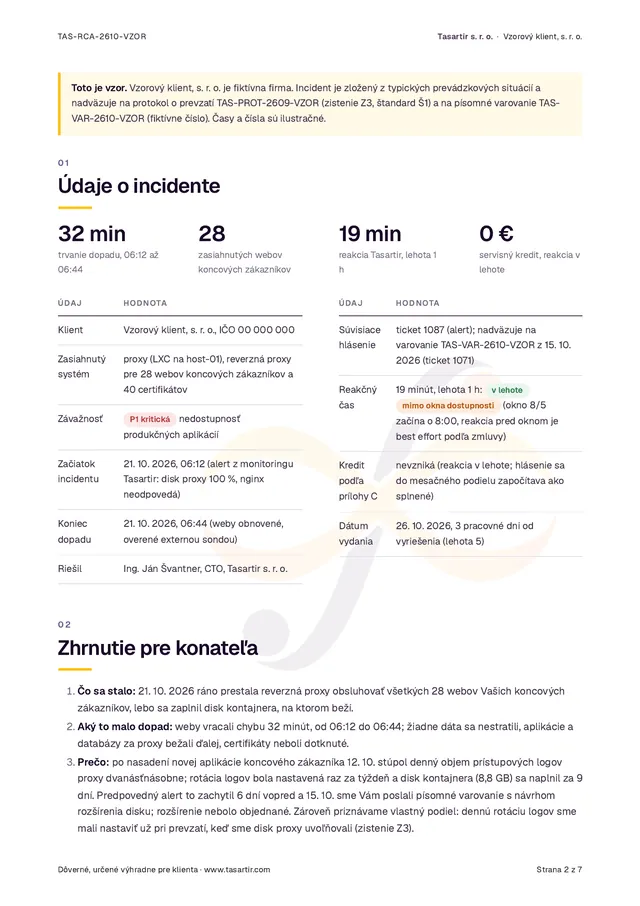 Údaje o incidente a zhrnutie pre konateľa